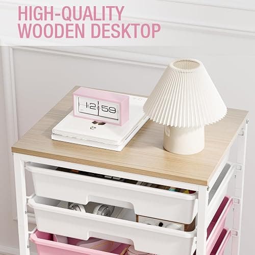 Rolling Cart with Drawers, Pink Cart with 8 Plastic Drawer Storage and Wooden Tabletop, Craft Storage, Teacher Cart, Storage Cart on Wheels, Rose Pink thumbnail 7