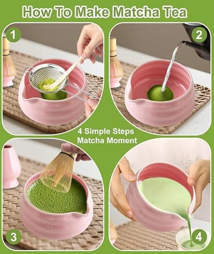JBER Matcha Kit 7 Pièces, Matcha Set - Fouet Matcha Bambou, Bol à Matcha, Support pour Fouet, Cuillère et Tamis, Kit Matcha pour Cérémonie du Matcha - Rose thumbnail 5