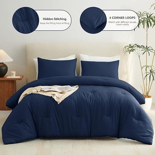 CozyLux Queen Comforter Set Navy Blue, 3 Pieces Lightweight Comforters Queen Size Quilted Bedding Sets, All Season Breathable Solid Down Alternative Comforter with 2 Pillowcases, Soft Bed Set for Home thumbnail 2