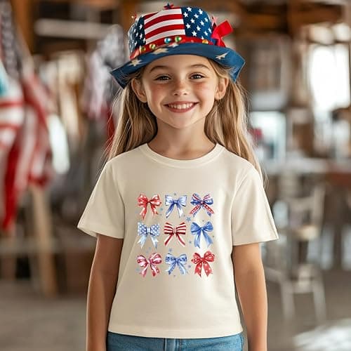 Goengmo Toddler Girl American Flag Shirt 4th of July Tshirt Cotton Short Sleeve Tees 2-12 Years - Bow Apricot - 11-12 Years thumbnail 3