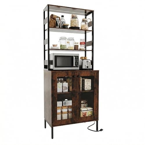 Amenitlif Kitchen Pantry Cabinet with LED Lights & Power Outlet, 66.9" H Kitchen Bakers Rack with Storage Shelves, Bar Cabinet with Glass Doors for Dining Room, Living Room, Hallway thumbnail 9