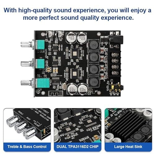 ARRAROWN ZK-1002T 2.0 Channel Bluetooth 5.0 Amplifier Board 200W HiFi Subwoofer Audio AMP with Treble and Bass Control BT and AUX Inputs, DC 12-24V 2.0 Channel Stereo AMP Module for DIY Speakers - Black3 ZK-1002T thumbnail 3