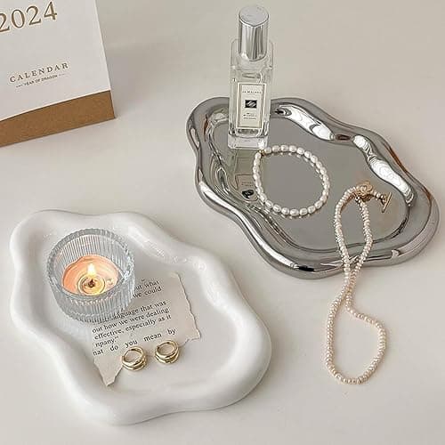 BESSKON Small Jewelry Dish for Women, Gifts for Mom, Ceramic Jewlery Tray Ring Holder, Vanity Ring Dish Cute Cloud Tray, Nightstand Decor Trinket Bowl for Earrings, Perfume, Keys, White Jewelry Plate thumbnail 7
