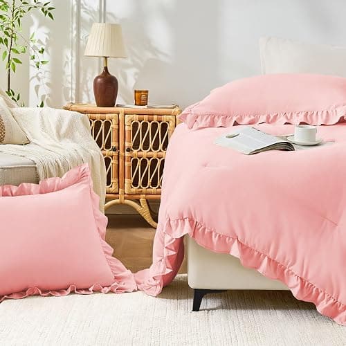FUANNA Pink Queen Comforter Set, 3 Pieces Ruffle Queen Bed Set, Fluffy Bed in a Bag Queen for All Seasons, Shabby Chic Bedding Comforter Sets with 1 Lightweight Comforter & 2 Pillowshams thumbnail 8
