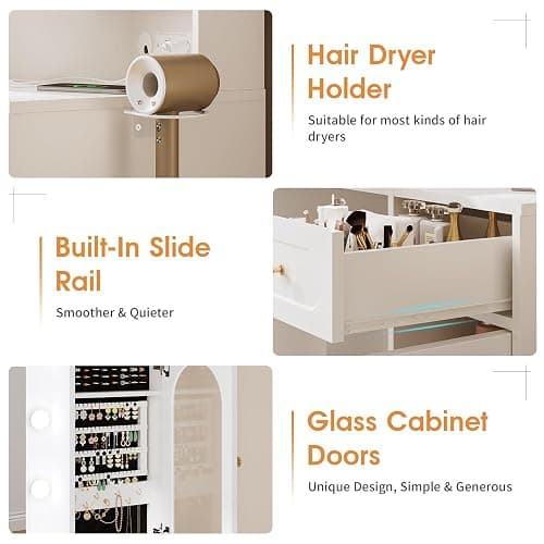 Maupvit Vanity Desk with Mirror and Light，Vanity Desk with 2 Large Drawers, 2 Large Storage，Charging Station and 10 Lights 3 Lighting Modes Adjustable Brightness Dresser, White thumbnail 7