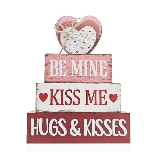4 Pcs Valentine's Day Table Decoration, Valentine Wooden Sign Love Table Centerpiece Rustic Distressed Valentines Centerpieces Blocks Farmhouse Tiered Tray Decor for Farmhouse Holiday Tabletop - Image 1