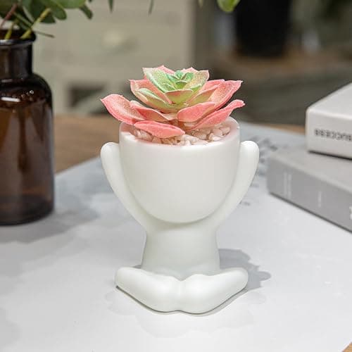 HEYO-YEPY 3PCS Cute Artificial Plant Office Decor for Women and Men, Aesthetic Desk Plant Decor for Office and Home, Potted Small Fake Plants for Indoor Decoration, White Pots Pink Plants thumbnail 6
