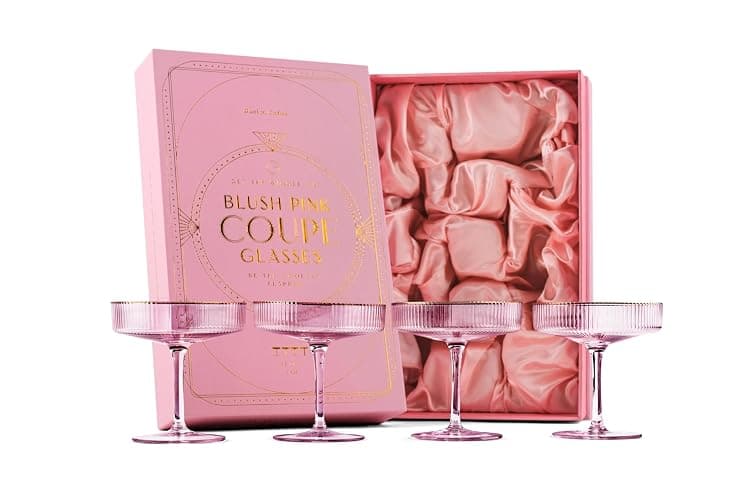 GLASSIQUE CADEAU Vintage Art Deco Blush Pink Coupe Glasses with Gold Rims | Set of 4 | 7 oz Crystal Ribbed Cocktail Glassware for Drinking Champagne, Martini, Cosmopolitan | Girly Speakeasy Saucers - Image 1