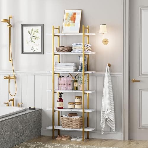 Azheruol 6 Tiers Bookshelf Organizer White Faux Marble Shelf,Modern Open Display Storage Bookcase, and Metal Bookshelf Standing Storage Shelf Tall Shelving Units for Home Office Study thumbnail 6