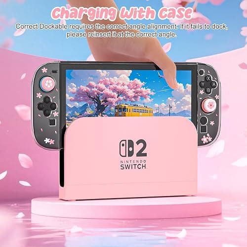NANANINO Switch 2 Case for Nintendo Switch 2, Dockable Clear Protective Cover with Cherry Blossom Cat Design, Tempered Glass Screen Protector & Thumb Grips, Kawaii Pink Case for Girls thumbnail 5