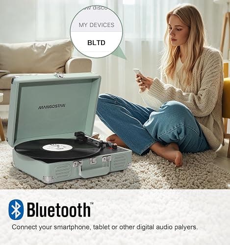 MANGOSTAN Record Player 3 Speed Bluetooth Portable Suitcase, Vinyl Phonograph with Built-in Bass & Speakers, Belt-Driven LP Player Support AUX-in RCA Line Out Headphone Jack, Green thumbnail 6