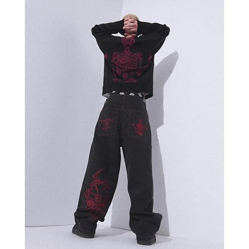 Y2K Jeans Men's Hip Hop Vintage Skull Embroidery Wash Denim Pants Gothic Straight Tube Loose Wide Leg Pants - Large - Black thumbnail 3