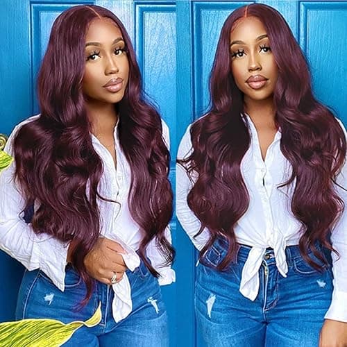 Dark Burgundy 13x4 Body Wave Lace Front Wig Human Hair 180% Density Deep Smokey Purple Body Wave Wigs for Women HD Transparent Lace Front Wigs Glueless Human Hair Pre Plucked with Baby Hair 20 inch thumbnail 2