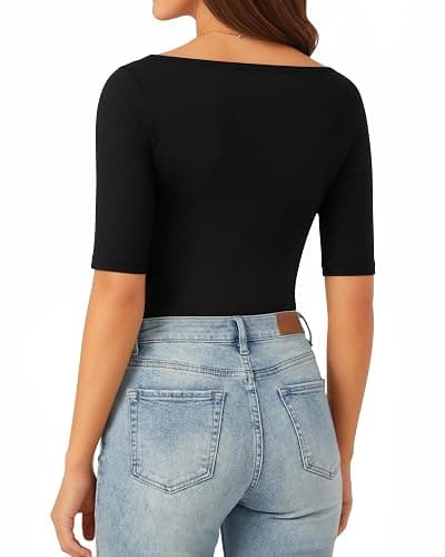 MANGOPOP Women's Half Sleeve Boat Neck Bodysuit 3/4 Sleeve Body Suit Fitted Going Out Tops 2026 thumbnail 4