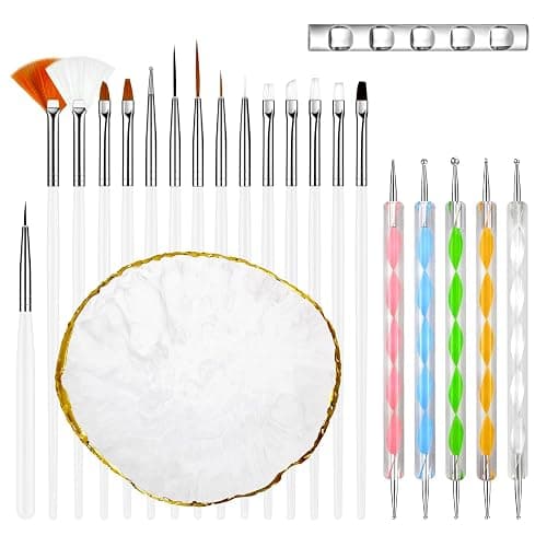 MUIIGOOD White Nail Art Brush 22 Pcs Set, 2 Head Acrylic Silicone Engraving Dotting Pen Tools Dust Brush, Striping Liner Drawing Pens, Resin Palette, for Nail Art DIY Home Salon Makeup Display Board - Image 1