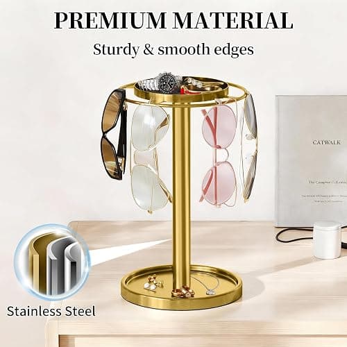 LSK 360° Rotating Sunglass Organizer, Glasses Stand with Storage Tray, Gold Stainless Steel Glasses Holder with Non-Slip Pad for Dresser, Nightstand & Home Decor, Storing Up to 9-16 Pairs Glasses thumbnail 5