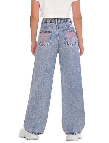 Fulihug Jeans for Girls Baggy Wide Leg Cute Bow High Elastic Waisted Denim Pants Y2K Boyfriend Skater Streetwear 7-14Y - Image 1