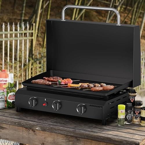 SKOK 23.3 Inch Flat Top Grill, Gas Griddle with Hood, Portable Tabletop Propane Gas Griddle Grill for Camping, Outdoor & Tailgating Barbecue, 45,000 BTU Output, 3 Burners thumbnail 2