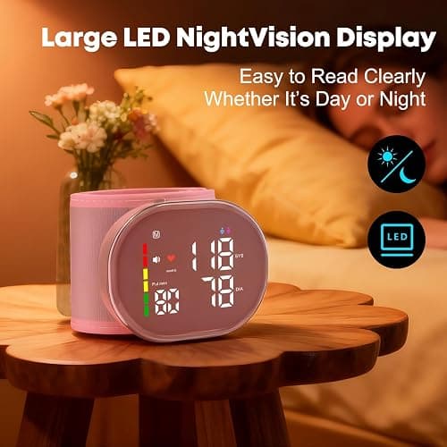 GUAEVER Wrist Blood Pressure Monitor, Rechargeable, Large LED Display, Pink | Clinically Accurate, One-Button Operation, Voice Guidance, Adjustable 5.3"-7.7" Wrist Cuff, 2×120 Memory, Easy for Seniors thumbnail 2