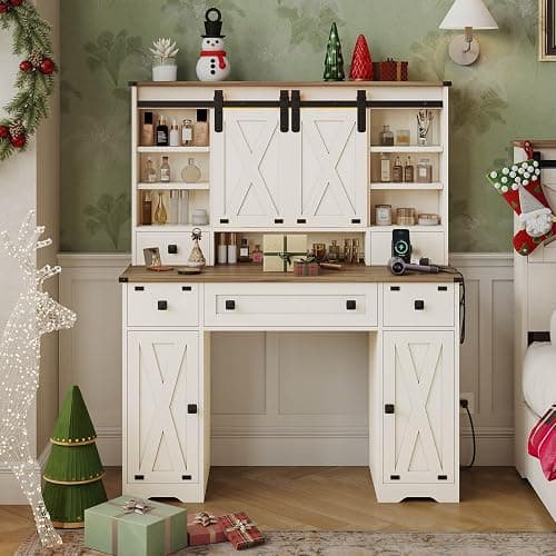 Hasuit Farmhouse Vanity Desk with Mirror and Lights, White Makeup Dressing Table with Charging Station, Rustic Vanity Mirror with Sliding Barn Door, Vanity Table with 3 Lighting Modes Adjustable thumbnail 9