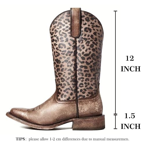 FOFOQUEI Women's Western Cowboy Boots Mid Calf Square Toe and Cone Heel Cowgirl Boots with Leopard thumbnail 2