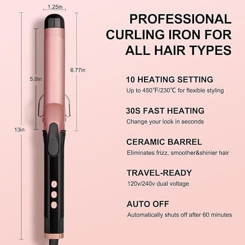 1.25 Inch Curling Iron Wand for Long Hair, Ceramic Barrel Hair Curler with Clamp for Loose Curls, Professional Large Curling Wand with Adjustable Temperature, Dual Voltage thumbnail 5