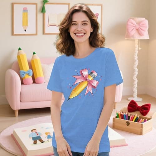 IFQ Teacher Shirts for Women Cute Bow Pencil Teacher T-Shirt Back to School Teaching Life Tee thumbnail 3