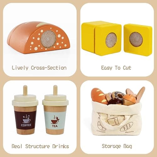 PairPear Wooden Bakery Toy Food Playset,Kids Pretend Play Food Kitchen Accessories with Shopping Bag,Toddlers Cutting Food Gift for Boys and Girls 3 Years and Up thumbnail 6
