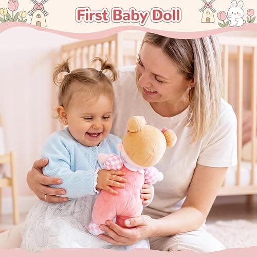 OUOZZZ Soft Plush Baby Doll 10" Tulip Pink Snuggle Buddy | First Birthday Toys for 1 Year Old Girl, Ideal 1 Year Old Girl Gifts & Baby Girl Gifts, Cuddly Toy for Infants & Toddlers thumbnail 2