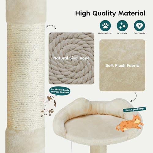 DUMOS 54-inch Indoor Cat Tree Tower –Multi-Level Pet House for Large Cats with 2 Condos, Scratching Posts, Round Platform, Small Ladder, and Toys, Beige thumbnail 6
