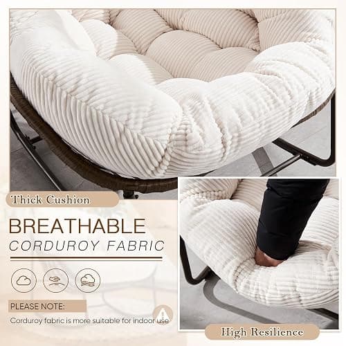 Large Indoor Rocking Chair, Oversized Rocking Papasan Chair with Thick Cushion and Frame,Comfy Corduroy Rocker Wicker Egg Chairs Lounge Reading Chair for Living Room, Bedroom, Apartment, White thumbnail 4