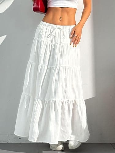 DERAX Women's Boho Flowy White Maxi Skirt Flared Ruffle Elastic Waist Summer A Line 2026 Spring Long Skirts thumbnail 6