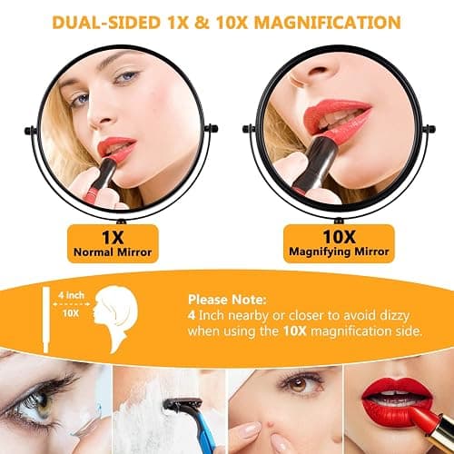 ALHAKIN 10x Magnifying Makeup Mirror, 8 Inch Tabletop Mirror Double Sided with Magnification, Swivel Make Up Mirror for Bathroom, Black thumbnail 4