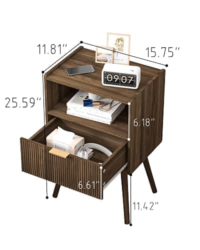JOONEE Nightstand,Modern Bedside Table with Storage Drawer and Open Wood Shelf, for Living Room, Bedroom and Small Spaces, Accent Night Stand with Solid Wood Legs, Easy Assembly,Walnut Brown thumbnail 2