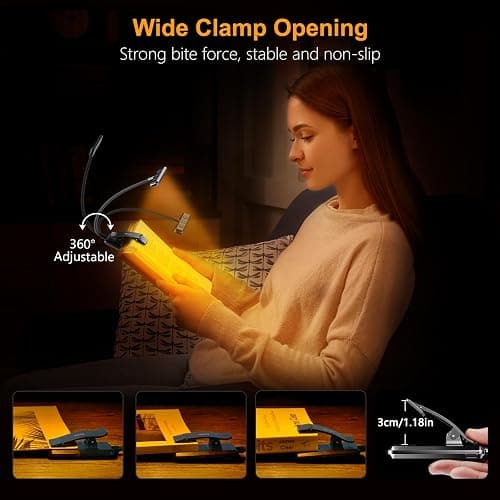 Gritin 19 LED Rechargeable Book Light for Reading in Bed | Eye Caring 3 Color Temps,Stepless Dimming Brightness,Memory Function,90 Hrs Runtime Lightweight Clip on Light for Book Lovers thumbnail 7