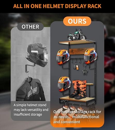 NANXITU Motorcycle Helmet Rack Wall Mount, Retro Rust Helmet Holder with Wood Floating Shelf and Hooks for Storage thumbnail 5