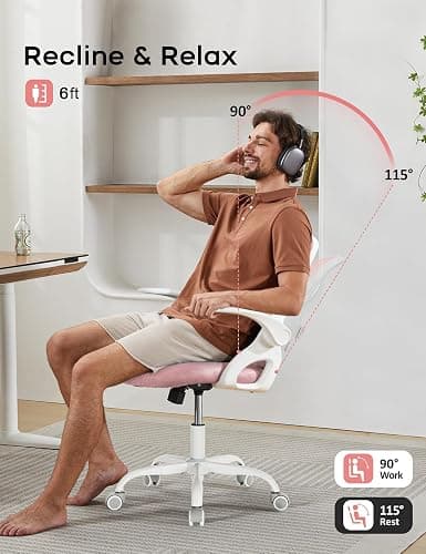 Home Office Chair，Ergonomic Mesh Desk Chair with Adjustable Lumbar Support, Flip-up Arm Rocking Swivel, Mid-Back Comfy Computer Chair (White-Pink) thumbnail 3