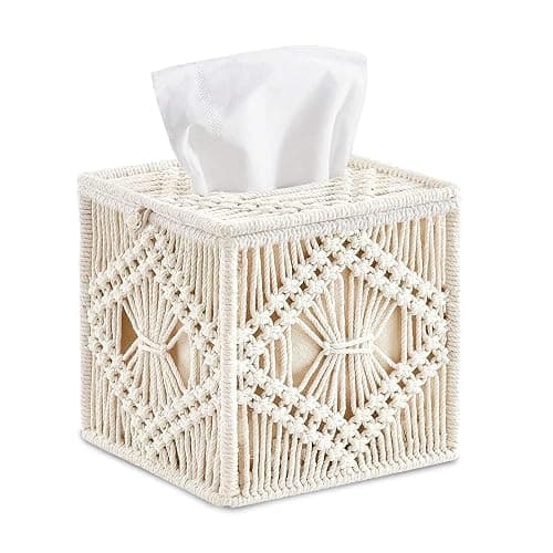 MEETOZ Tissue Box Cover Square, Woven Macrame Napkin Facial Paper Organizer, Boho Decor Tissues Holder for Bathroom Bedroom Dresser Living Room Office - Image 1