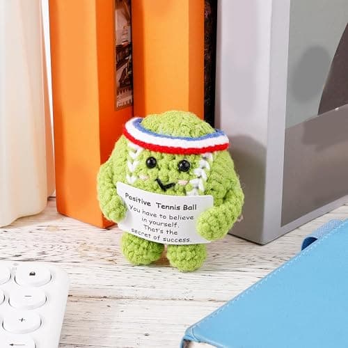 Positive Tennis Ball, Cute Funny Crochet Inspirational Tennis Ball Positive Knitted Animal Doll Crochet Toy with Positive Card for Sports Lover Friends Party Decorations thumbnail 3