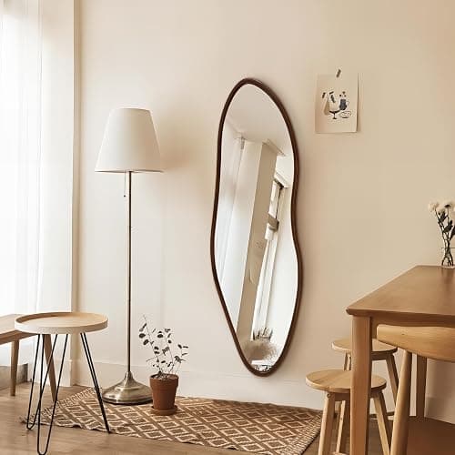 TheiaMo Irregular Full Length Mirror, 65"x22" Wooden Farmhouse Full Body Mirror, Large Asymmetrical Wall Mirrors for Living Room Entryway, Horizontal/Vertical, Walnut thumbnail 2
