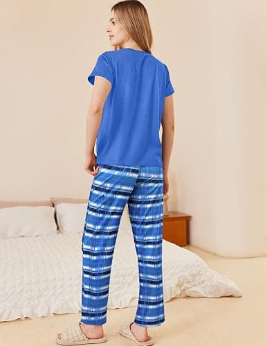 Ekouaer Pajama Sets for Women Round Neck Pjs Short Sleeve Sleepwear with Long Pants Loose Lounge Sets thumbnail 2