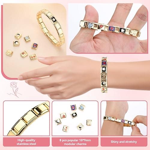 Ouxayapl Italian Charm Bracelet Gold, Italian Charms Armband Set, DIY Abnehmbare Module für 9mm Armbände, Italian Charm Armbänder Bracelet Gold Charms mit Öffnungswerkzeug für Mädchen Junge Geschenk thumbnail 3