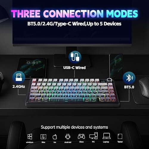 LEOBOG x Aula F75 MAX Wireless Gaming Keyboard w/Smart Display & Knob,75% Hot Swappable Custom Mechanical Keyboard, RGB Backlit,Pre-lubed Linear Switches,Side Printed PBT Topographic Keycaps(Grey) thumbnail 4