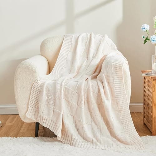 CozeCube Cream White Knitted Checkered Throw Blanket 60"X80" | Check Knit Throw for Couch, Decorative Christmas Soft Cozy Warm Blanket for Bed Sofa Living Room thumbnail 7