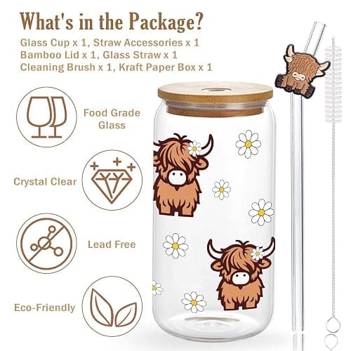 Highland Cows Gifts for Women Highland Cow Lovers Decor Print Stuff Coffee Cup with Cow Straw - Cute Coffee Cups/Tumbler Christmas Birthday Gifts for Women Girls, Glass Cup with Lid and Straw 16oz thumbnail 4