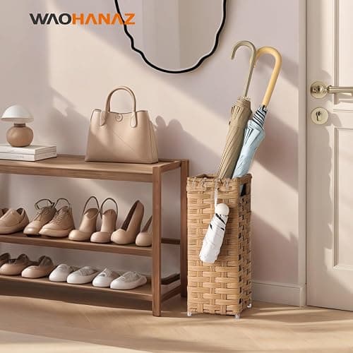 WAOHANAZ Rattan Umbrella Stand, Umbrella Holder for Entryway, Hand Woven Umbrella Rack Organizer Freestanding, with a Detachable Drip Tray, 4 Hooks, 6.5" L x 6.5" W x 16.5" H - 6.5"L x 6.5"W x 16.5"H thumbnail 2