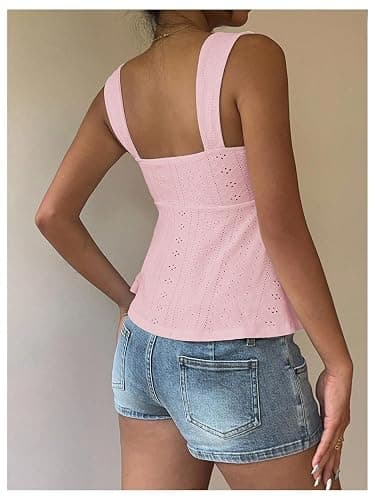 Milumia Women's Eyelet Tie Front Ruched Tank Tops Y2k Going Out Peplum Top | Babydoll, Sexy Slim Fit, Sleeveless, Flowy, Summer, Beach Vacation Outfits, Country Concert thumbnail 3