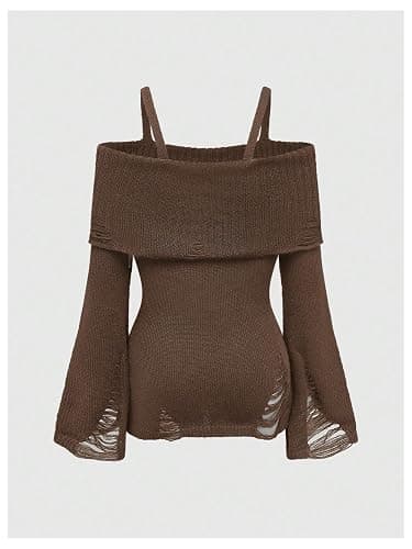 SOLY HUX Women's Cold Shoulder Ripped Sweater Goth Punk Long Sleeve Fitted Jumper Pullovers thumbnail 3