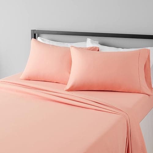 Amazon Basics Lightweight Super Soft Easy Care Microfiber 4-Piece Bed Sheet Set with 14-Inch Deep Pockets, Includes Comfortable Pillowcases, Queen, Peachy Coral, Solid - Image 1