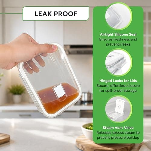 PrepNaturals 5 Pack 30oz Glass Meal Prep Containers - 1 Compartment | Borosilicate Glass Meal Prep Containers - Airtight Leak-Resistant Lids, Microwave, Oven & Freezer Safe (5-Pack, 30 oz) thumbnail 7
